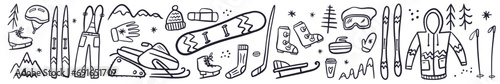 Vector horizontal collection of symbols for skiing and winter sports, hand-drawn in the style of doodles