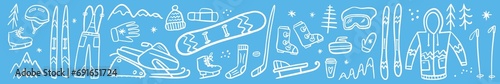 Vector horizontal collection of symbols for skiing and winter sports, hand-drawn in the style of doodles photo