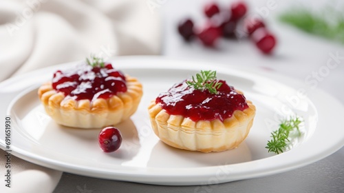  two small tarts on a white plate with cranberry sauce and a sprig of parsley on top of one of the tarts on the plate.