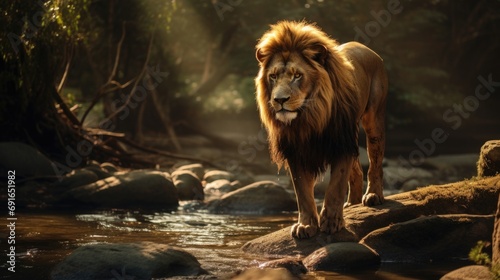 A lion standing in a forest by a stream