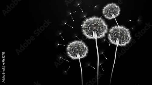  a black and white photo of three dandelions on a black background  with one dandelion in the foreground and the second dandelion in the foreground.