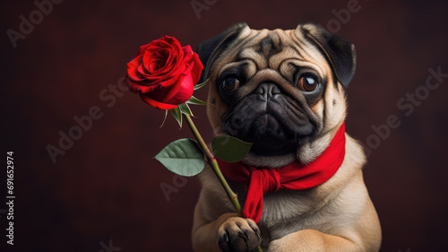 A small dog is holding a red flower. Valentine's day banner © Татьяна Прокопчук