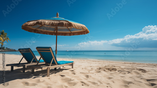 Sunny beach with colored umbrella and chaise-sun lounger on a clean sand. Tropical landscape, picture of a paradise © lisssbetha