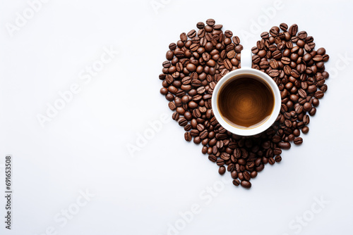 Concept of a top view of a cup of coffee standing on coffee beans forming a heart shape.