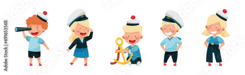 Little Children Sailor in Mariner Costume and Hat Playing Vector Illustration Set