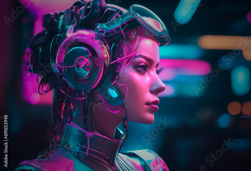 futuristic woman with headphones listening music