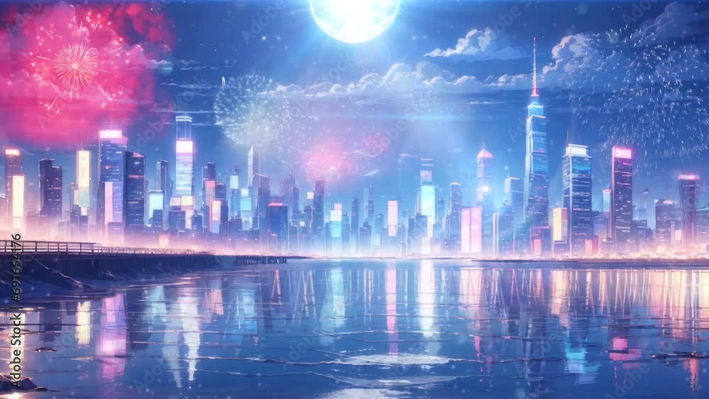 Night city skyline. Landscape of supermoon over city beach. New year eve fireworks display. Anime style of background loop animation video.