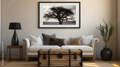 White Sofa - cedar chest - artwork - cushions - tree - design and decor - country living - farmhouse - stylish - natural lighting 