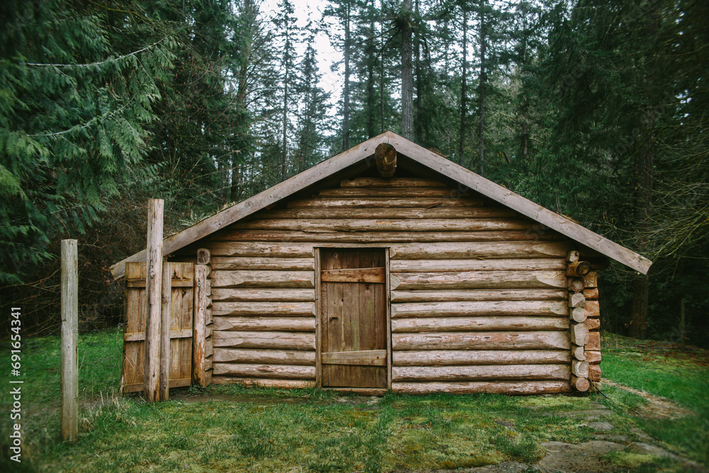 Rustic log cabin in verdant forest on Vancouver Island Rustic log cabin in verdant forest on Vancouver Island