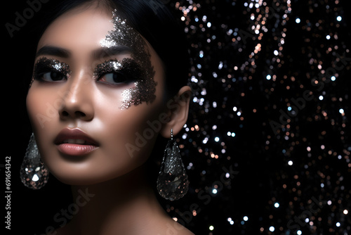 Fashion editorial Concept. Stunning beautiful asian woman high fashion striking silver black glitter shimmer sparkle. illuminated with dynamic composition and dramatic lighting. copy text space