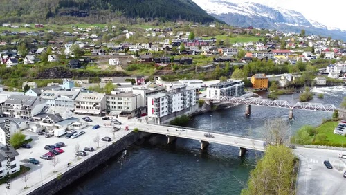 Dynamic Shot of Traffic Crossing Bridge in Voss - Norway 2.7K Aerial Footage