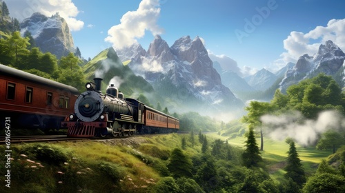  a painting of a train on a train track in a mountainous area with trees, mountains, and a mountain range in the background with clouds and a blue sky.