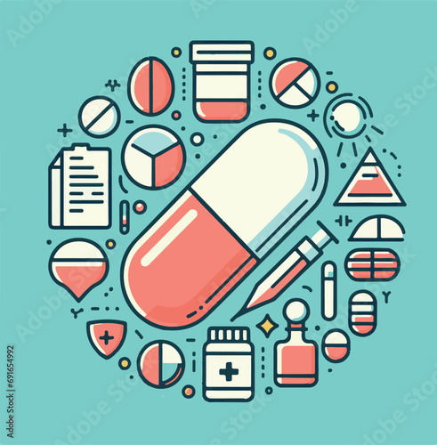 vector illustration with pills and other pharmacy things