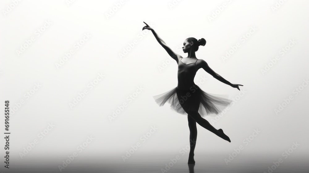  a black and white photo of a ballerina in a tutu and tutu skirt, with her arms in the air and her right hand in the air.