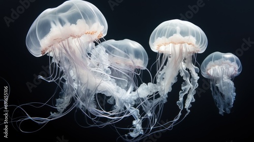  a group of jellyfish floating on top of a body of water in front of a black background with a light reflection on the bottom of the jellyfish's head.