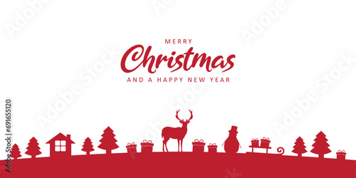 christmas valley winter banner with deer fir house and gift isolated vector illustration EPS10