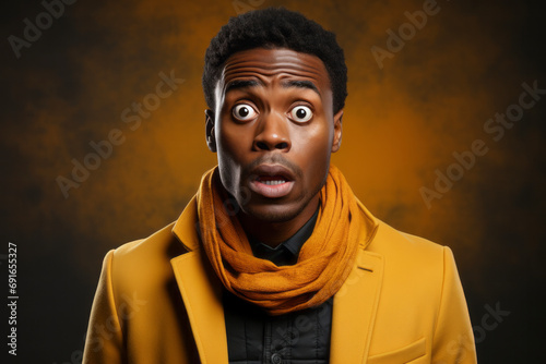 Black man looking at camera in shock against dark solid background. Sudden incredible news reaction wow.