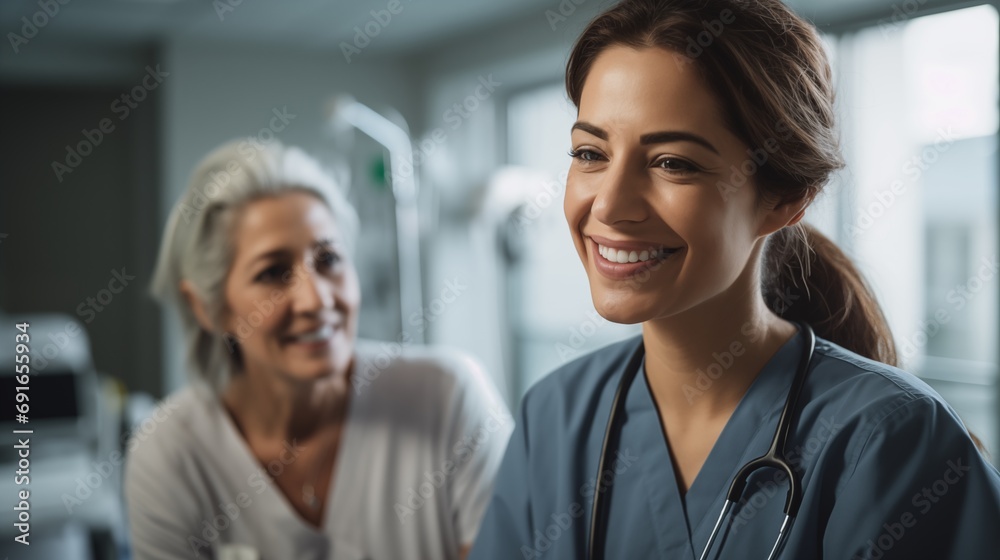 Smiling caucastina female nurse taking care of her senior patient in nursing home or hospital providing good medical attention and healthcare services Smiling caucastina female nurse taking care of her senior patient in nursing home or hospital providing good medical attention and healthcare services