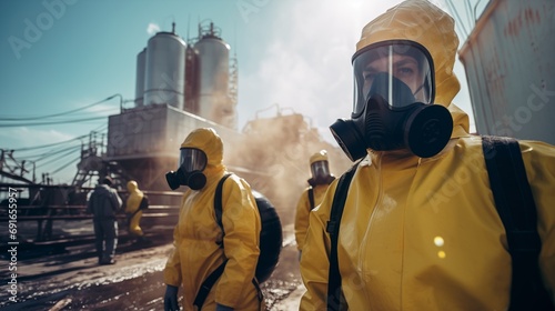 Сlose up people in yellow hazmat safety clothes and masks standing near the nuclear power station in daylight photo