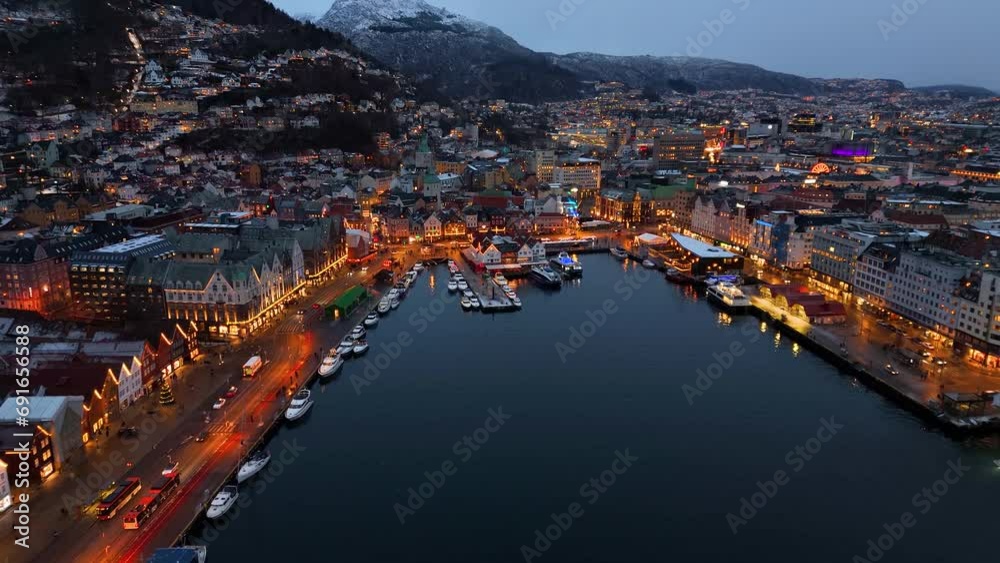 Aerial view of the city center of Bergen, Norway, during winter and christmas dusk time
