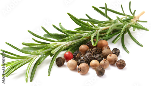 Rosemary with peppercorns isolated on white background, cutout photo