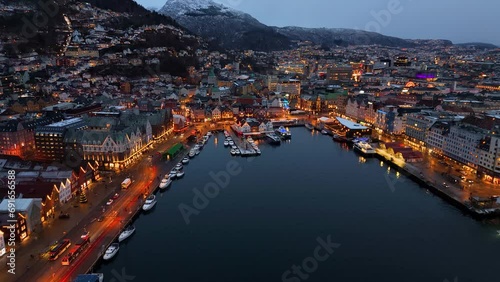 Aerial view of the city center of Bergen, Norway, during winter and christmas dusk time photo