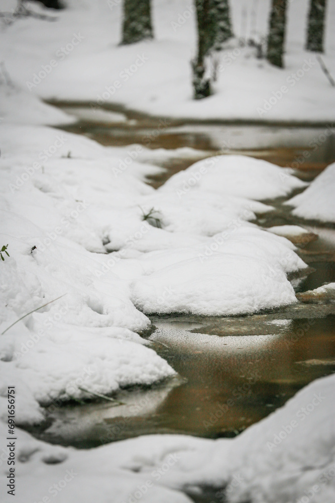 A frozen stream or creek in the woods in wintertime. A frozen stream or creek in the woods in wintertime.
