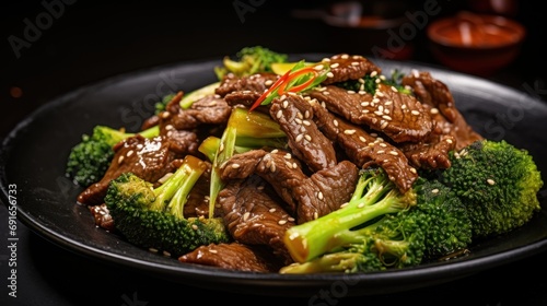  a plate of beef and broccoli with sesame seeds and sesame seeds on top of the broccoli and sesame seeds on top of the broccoli. photo