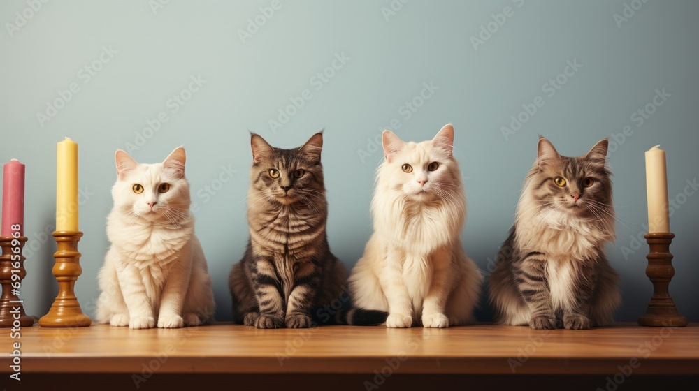  a group of cats sitting next to each other on top of a wooden table next to a lit candelabra with a lit candle in front of them.