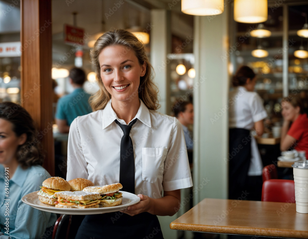 photo of beautiful woman as a waitress serving food in retro dining restaurant, generative AI