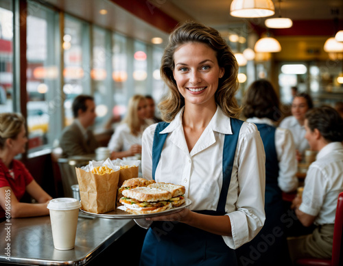 photo of beautiful woman as a waitress serving food in retro dining restaurant  generative AI