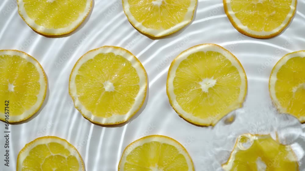 Slice of orange underwater or in water with splashing and droplet top view flat lay on white background. Slice of orange underwater or in water with splashing and droplet top view flat lay on white background.