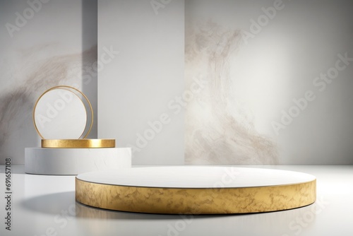 luxury white and gold stone round podium for product presentation