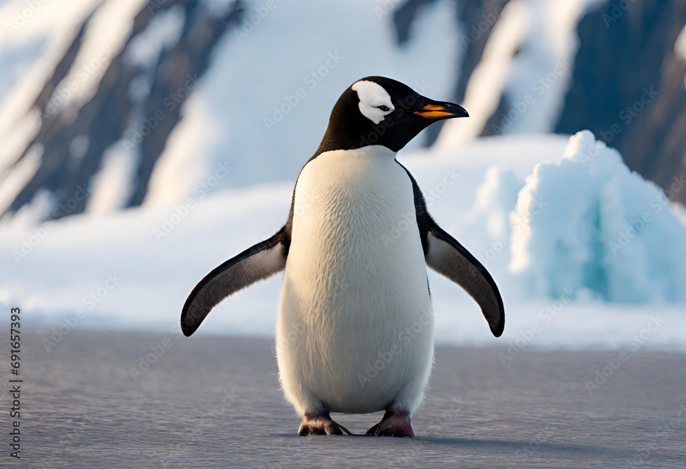 Obraz premium Beautiful penguins in polar and arctic region with snowy mountains in the background