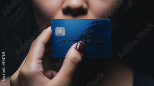 Close-up of woman holding bank credit or debit card in front of her lips, extorsion concept, keeping mouth shut, photo