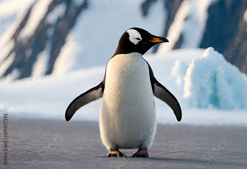 Beautiful penguins in polar and arctic region with snowy mountains in the background