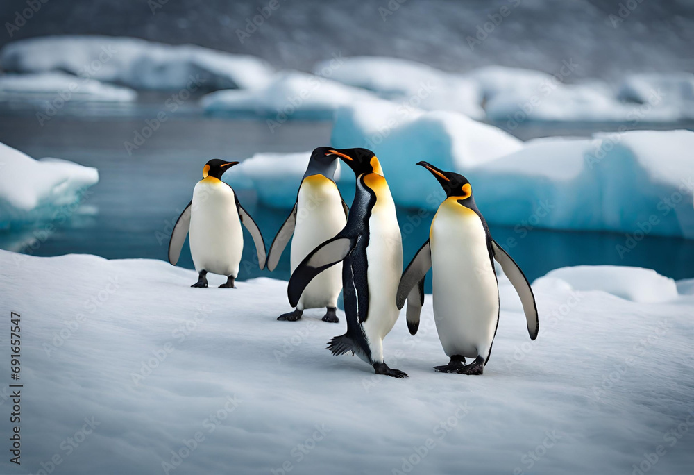 Obraz premium Beautiful penguins in polar and arctic region with snowy mountains in the background