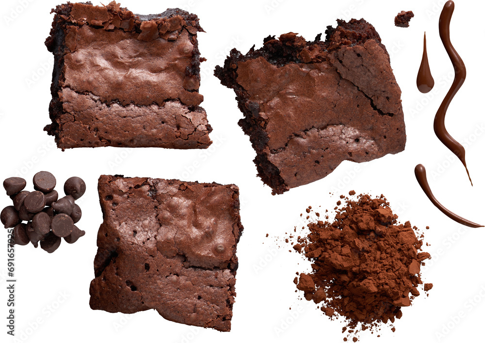 isolated elements for brownies with chocolate and cocoa powder isolated elements for brownies with chocolate and cocoa powder