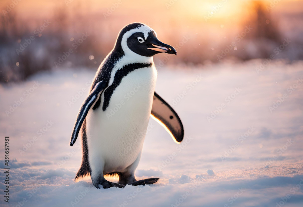 Obraz premium Beautiful penguins in polar and arctic region with snowy mountains in the background