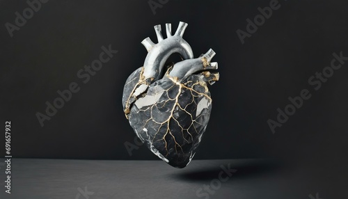 Steinernes anatomisches Herz / Menschliches Herz aus Stein Risse mit Gold gefüllt. Steinherz. Versteinertes Herz. Kintsugi Kunst. Solo vor dunklem Hintergrund. Illustration