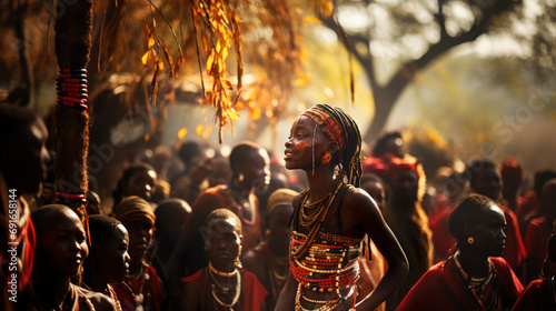 : Generative AI image of a young African woman adorned with vibrant red and orange beads, and her skin is painted with traditional markings amidst a tribal ceremony in forest photo