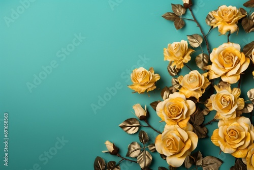 Aqua Roses Flower Border Over a Mustard Background With Copy Space. Copy space.