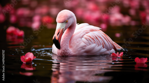 Generative AI image of a majestic flamingo in a floral pond photo