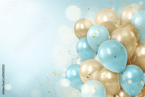 Festive background with flying golden and light blue balloons
