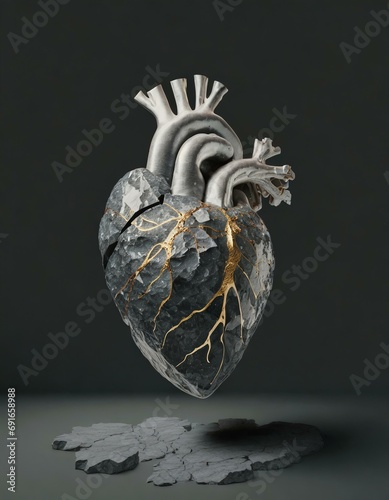 Steinernes anatomisches Herz / Menschliches Herz aus Stein Risse mit Gold gefüllt. Steinherz. Versteinertes Herz. Kintsugi Kunst. Solo vor dunklem Hintergrund. Illustration
