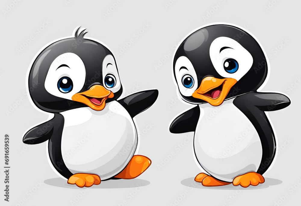 Fototapeta premium Baby penguins with cartoony look in white background