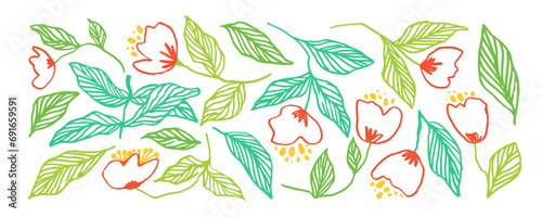 Collection of hand drawn pen line flowers with stems and leaves.