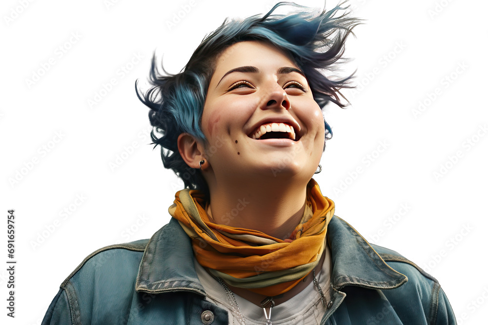 hair short clothes casual female coiffure coloured individuality curvy hipster girl transgender sex trans Smiling nonbinary young woman confident positive attitude embracing unique identity style
