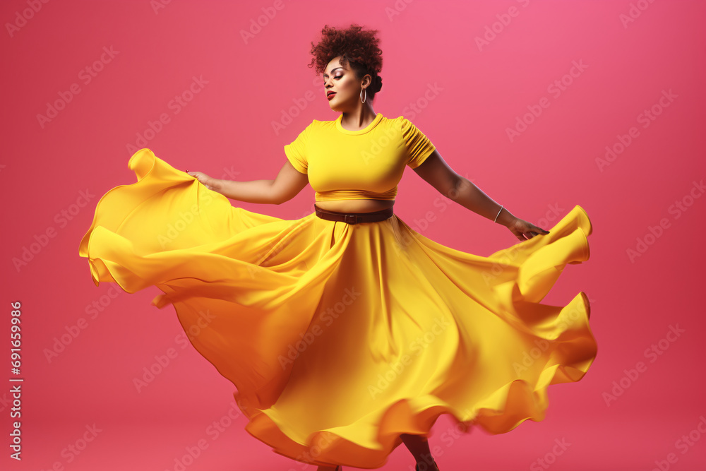 A full-bodied woman with larger body size, dancing in a beautiful yellow dress in front of a pink background A full-bodied woman with larger body size, dancing in a beautiful yellow dress in front of a pink background