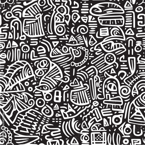 Ethnic geometric pattern  hand-drawn  black and white  abstraction of shapes  seamless. Vector art illustration design.